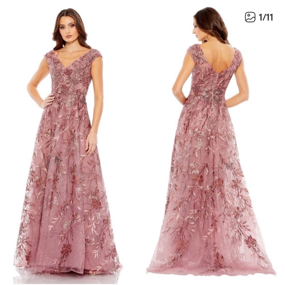 Mac Duggal Cinnamon Embroidered Illusion Cap Sleeve A Line Gown - Size 14